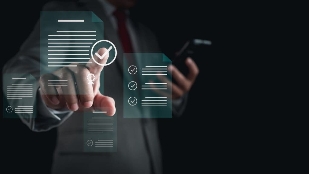 Concept image of man pointing a finger at a check, representing external quality assessment