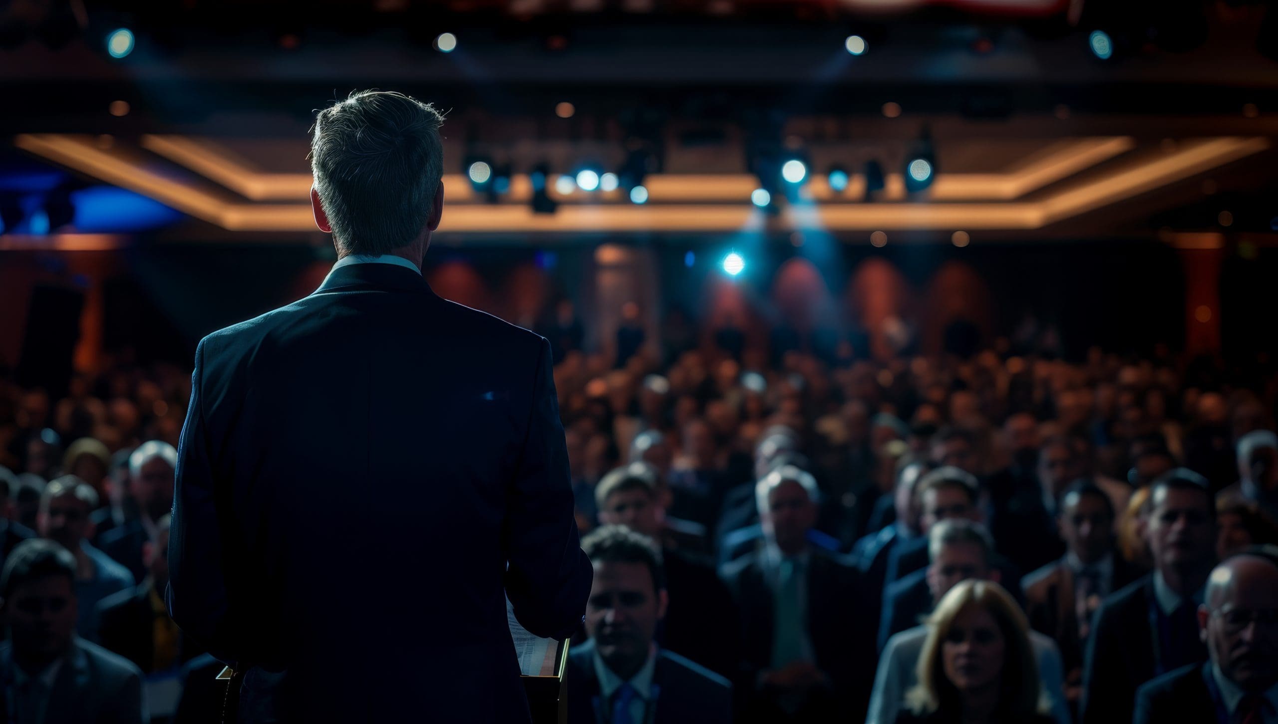 Businessman in front of a large group of people in a conference hall