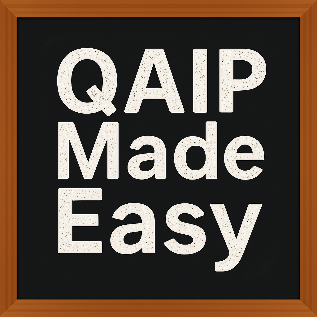 The words "QAIP Made Easy" in white chalk on a black surface representing the course "quality assurance and improvement" made easy.